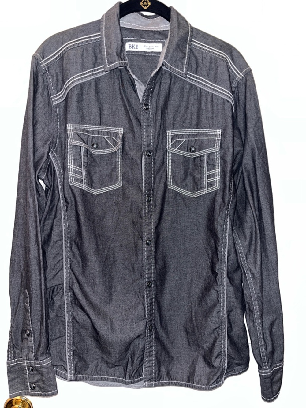 BKE Athletic Fit Charcoal Button-Up (Snaps) Shirt with White Contrast Stitching